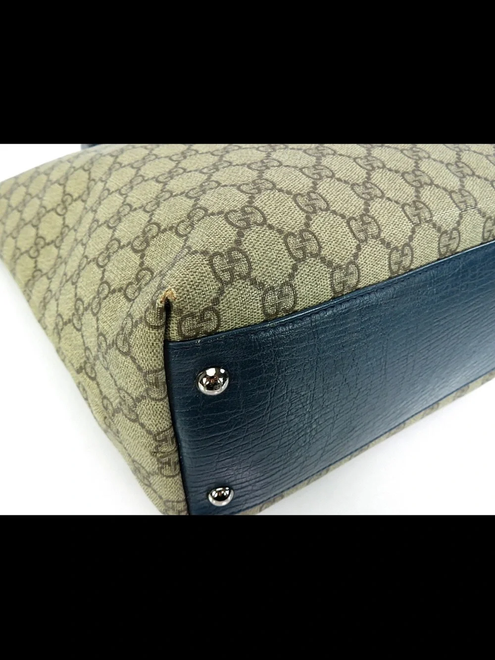 Gucci Beige GG Canvas Tote with Blue Leather Handles